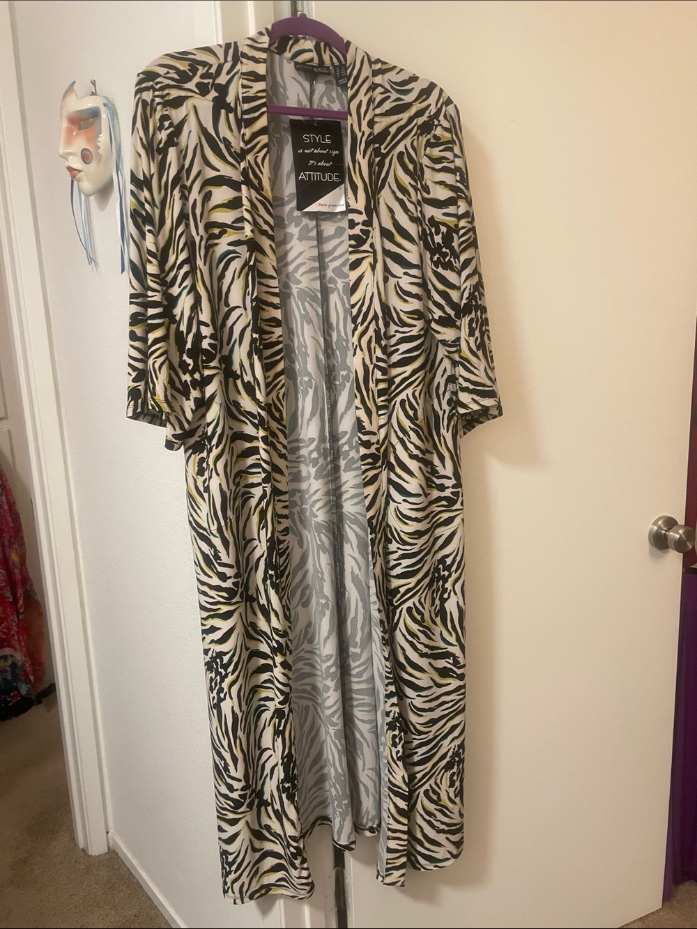 Attitudes by Renee Zebra-Print Open Front Duster - Black, Cream & Olive NWT